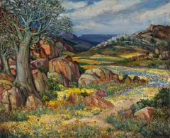 Hugo Naude, Namaqualand Flowers and Quiver Tree, oil on canvas