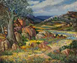 Hugo Naude, Namaqualand Flowers and Quiver Tree, oil on canvas