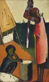 Pranas Domšaitis, Mother and Child Stamping Maize, oil on board