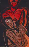Dingane Stabs Shaka, The Assassination of Shaka Series by Cecil Skotnes, carved and incised woodblock matrix, sold Sep 2024