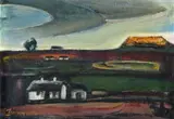 Pranas Domšaitis, Karoo Landskap met Huisie (Karoo Landscape with House), oil on board