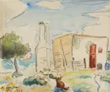 Maggie Laubser, Fisherman's House with Cat in a Landscape (Die Kat by die See), watercolour on paper laid down on board