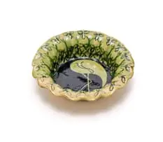 John Leask Nowers, Green bowl with scalloped edge and flamingo motif, painted and glazed ceramic