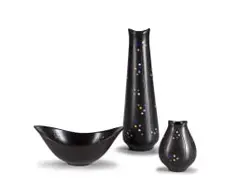 Set of two vases and a bowl from the 'Poang' series by Hjordis Oldfors, 1956, painted and glazed stoneware, sold Sep 2024