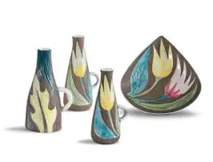 Mari Simmulson, Set of three vases and a plate from the 'Agave' and 'Tulip' series, 1960, painted and glazed ceramic