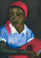 Themba Shibase, Young Woman with Red Doek and the Big Red Book, oil on canvas