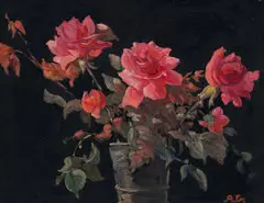 Allerley Glossop, Red Roses in a Pewter Vase, oil on board