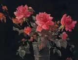 Allerley Glossop, Red Roses in a Pewter Vase, oil on board