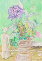 Mauve Rose with a Hylton Nel Vase and Ceramic Figure by Christopher Peter, mixed media on paper, offered Sep 2024