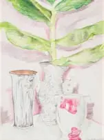 Christopher Peter, Three Vases as the Three Graces with Ginger Leaf (central vase by Hylton Nel), pencil crayon on paper in the artist's hand-crafted frame