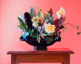 Sean Wilson, Foliage, Feathers, and Faux Flowers in Black Urn, photographic print