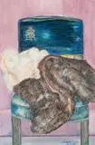 Christopher Peter, The Joy of Unwanted Furs On Elizabeth II Coronation Chair 1953, pencil crayon and wash on paper in the artist's hand-crafted frame