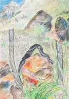 Christopher Peter, Michael Stevenson's Mountain, Cederberg, pencil crayon on paper in the artist's hand-crafted frame with fabric hand-printed by the artist