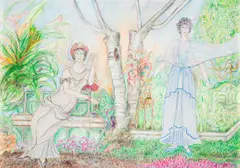 Christopher Peter, Madame Recamier and Madame De Stael in an Eastern Cape Garden. (Allenby Rd, East London), mixed media with collage in the artist's handcrafted frame