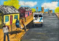 Township Scene by Dumisani Sibisi, mixed media on board, sold Sep 2024