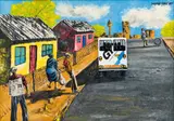 Dumisani Sibisi, Township Scene, mixed media on board