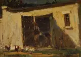 Adriaan Boshoff, Farm Scene with Chickens, oil on canvas laid down on board
