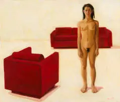 Kerri-Jane Evans, Red Bravado Sofa, oil on board