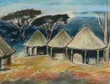 Pranas Domšaitis, Four Huts in a Landscape, pastel on paper