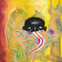 Bongi Bengu, Golden Orb Mask, mixed media on canvas