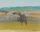 Gordon Vorster, Landscape with Wildebeest and Zebra, oil on canvas laid down on board