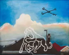 Animal Figures in Combat on a Rooftop by Karl Gietl, oil on canvas, offered Sep 2024