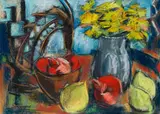 Marlene Von Dürckheim, Blomme, Vrugte en Gemsbok ( Flowers, Fruits and Oryx), oil pastel on paper