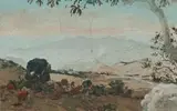 Erich Mayer, Landscape with Mountains and Cattle, watercolour and pastel on paper laid down on board