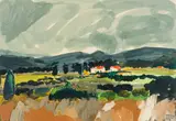 Kirsten Sims, Houses on a Hill, acrylic on board