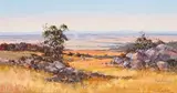 Andre de Beer, Rocky Landscape with Huts, oil on canvas laid down on board