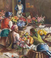 Joan Wright, Flower Sellers, oil on canvas laid down on board