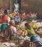 Joan Wright, Flower Sellers, oil on canvas laid down on board