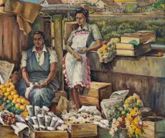 Joan Wright, Fruit and Flower Sellers, oil on board