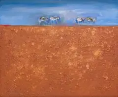 Gail Catlin, Landscape with Cattle, mixed media on board