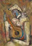 Carl Büchner, Harlequin with Mandolin, oil on board