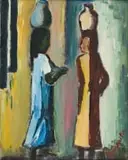 Pranas Domšaitis, Two Women (recto); Three Boats (verso), oil on board