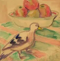 Bird with Bowl of Apples by Maggie Laubser, pencil and watercolour on paper, sold Aug 2024