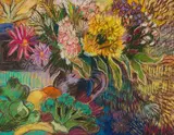 Nichola Alice Leigh, Still Life of Flowers and Vegetables, oil pastel on paper