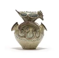 Elizabeth Mbatha, Double-handeled bird vessel, reduction stoneware with relief decoration