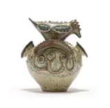 Elizabeth Mbatha, Double-handeled bird vessel, reduction stoneware with relief decoration