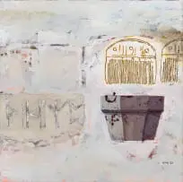 Terence King, Rune Stone, Vimose Comb and Sixteenth c. Font, acrylic on canvas