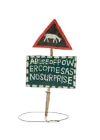 Abuse of Power Comes as No Surprise by Fanlo (Chicken Man) Mkhize, enamel on board, wood and wire, sold Aug 2024