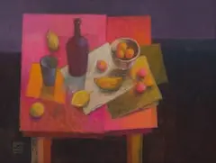 Susan Helm Davies, Still Life with Violet Sky, acrylic on board