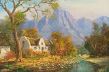 Gabriel de Jongh, Landscape with Farmhouse and Mountains, oil on canvas