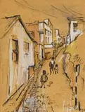Bransom William Strapp, Bo-Kaap Street Scene with Children, watercolour and pencil on paper