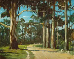 Walter Gilbert Wiles, Winding Roadway with Figure and Gum Trees, oil on board