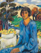 Marena (Kaffie) Pretorius, Farm Landscape with Figure and Goats, oil on canvas