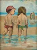 Amos Langdown, Children Wading, oil on board