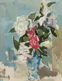 Wit en Rooi Japonikas by Gregoire Boonzaier, oil on canvas laid down on board, offered Aug 2024