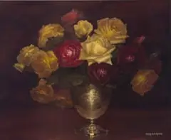 Henry John Dykman, Red and White Roses in a Vase, oil on board